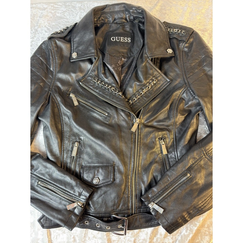 GUESS Genuine Leather Moto Jacket Women Large Black Belted Biker Y2K